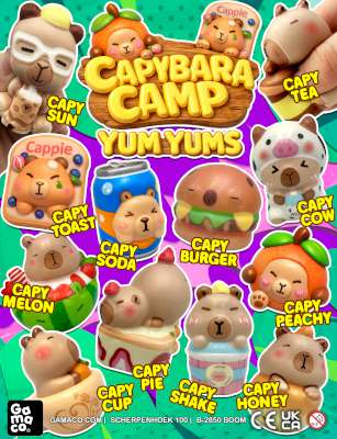Kolekcia Capybara Camp Yum Yums – figúrky kapybár s motívmi jedál a nápojov