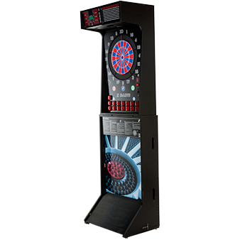 Vzhľad čierneho elektronického automatu X Darts so softovým terčom