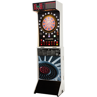 Vzhľad bieleho elektronického automatu X Darts so softovým terčom